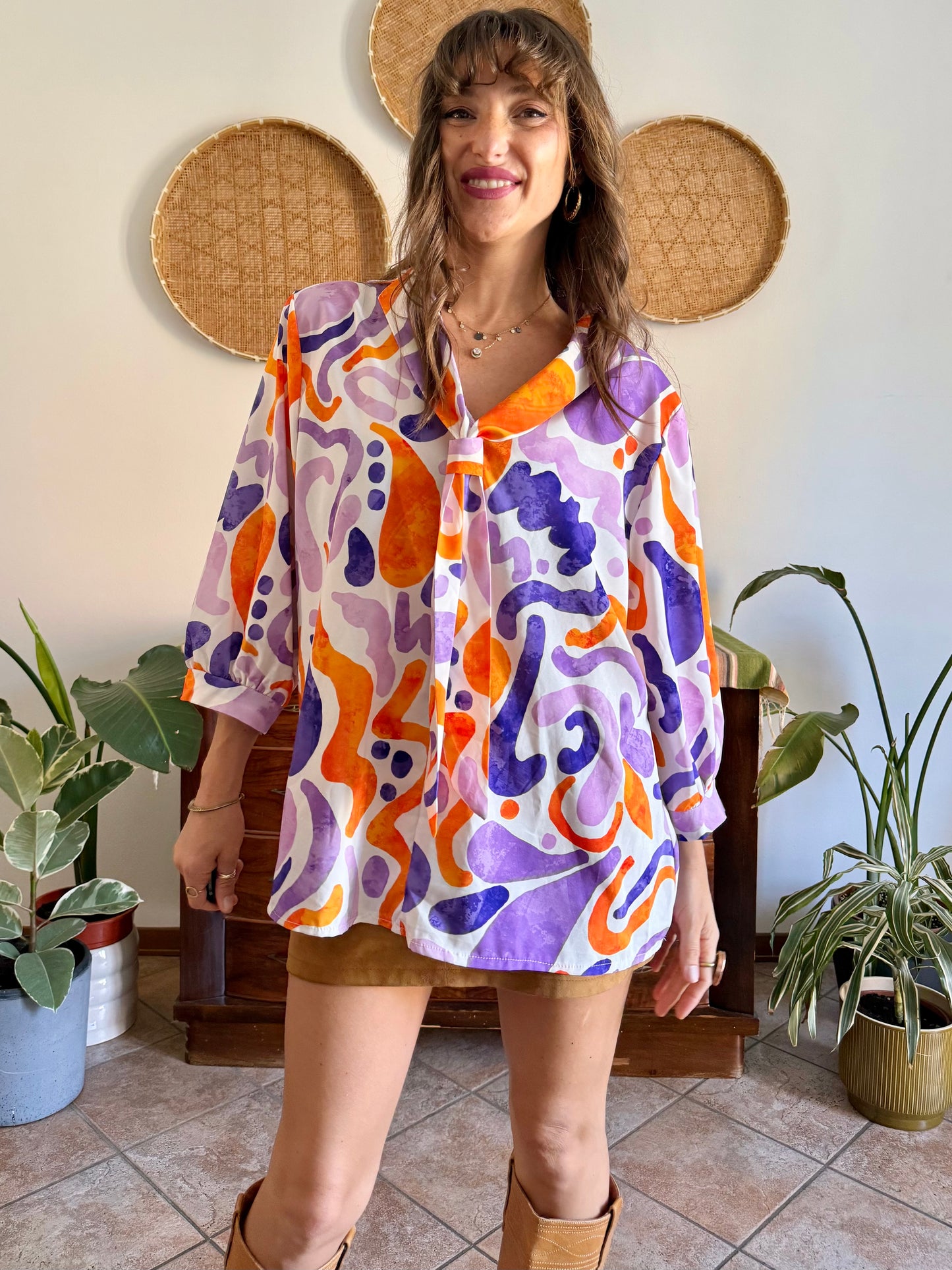1970's vintage purple, orange and cream abstract print tie neck blouse