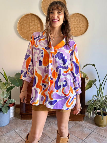 1970's vintage purple, orange and cream abstract print tie neck blouse
