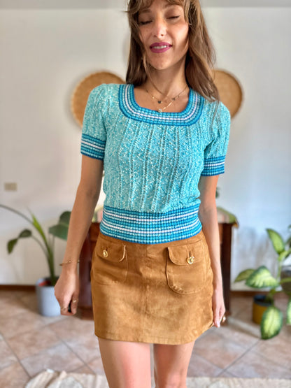 1970’s vintage turquoise,cream and blue textured knit top