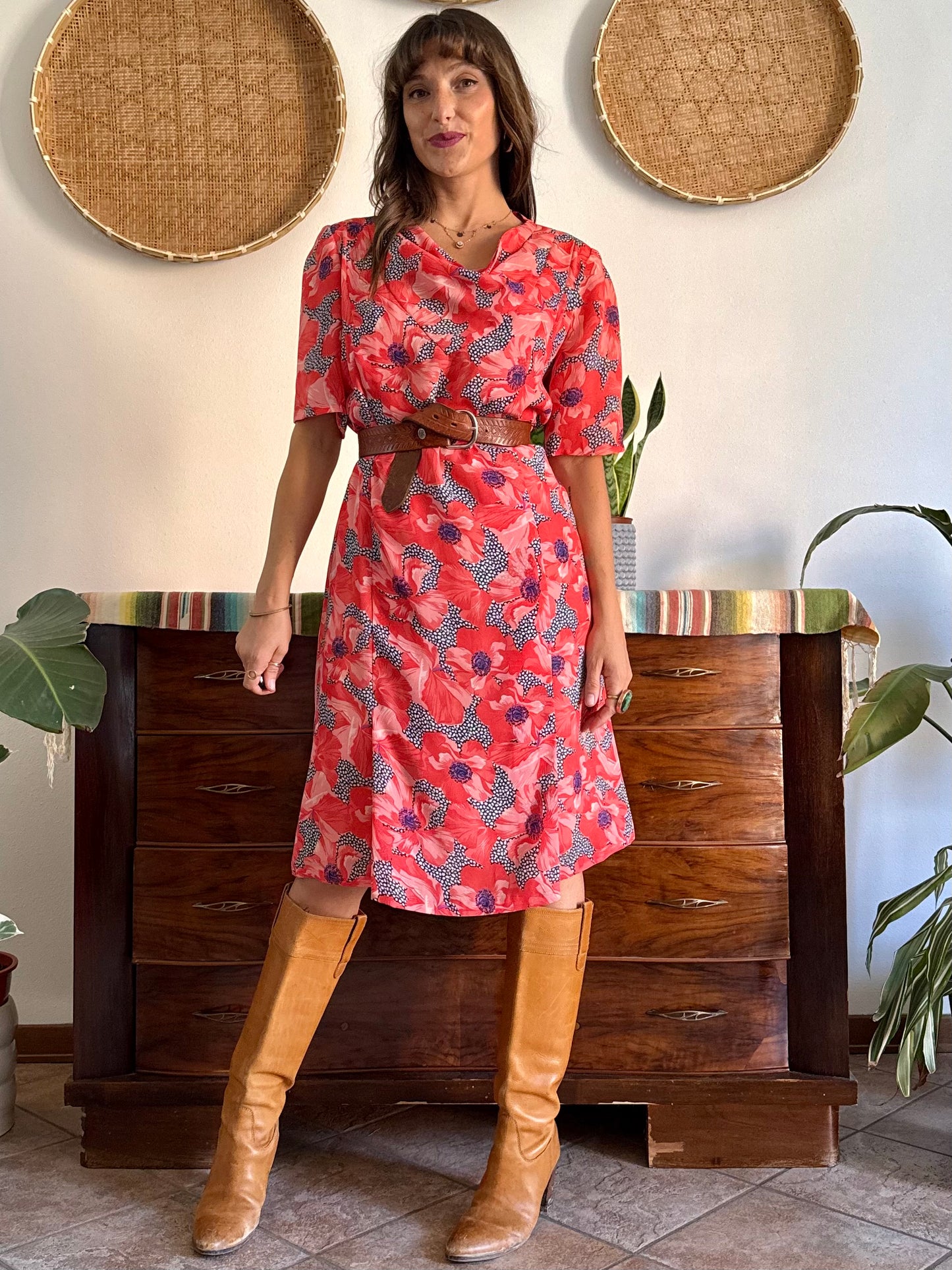 1960’s vintage punk and purple floral print midi dress with cowl neck