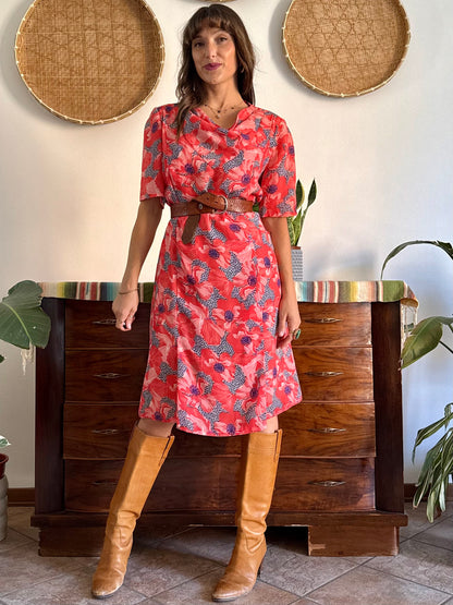 1960’s vintage punk and purple floral print midi dress with cowl neck
