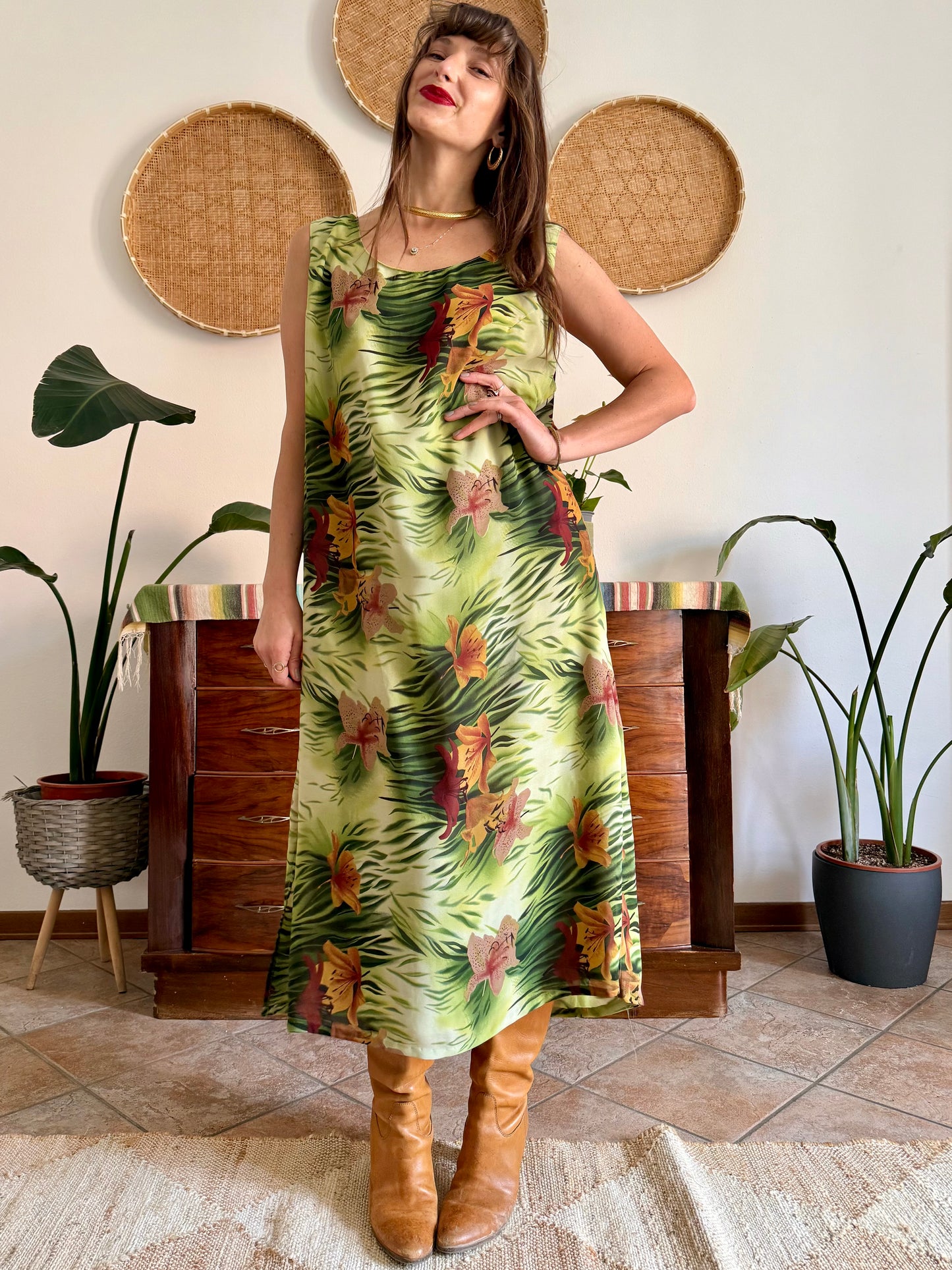 1990's vintage green and burgundy safari print maxi dress