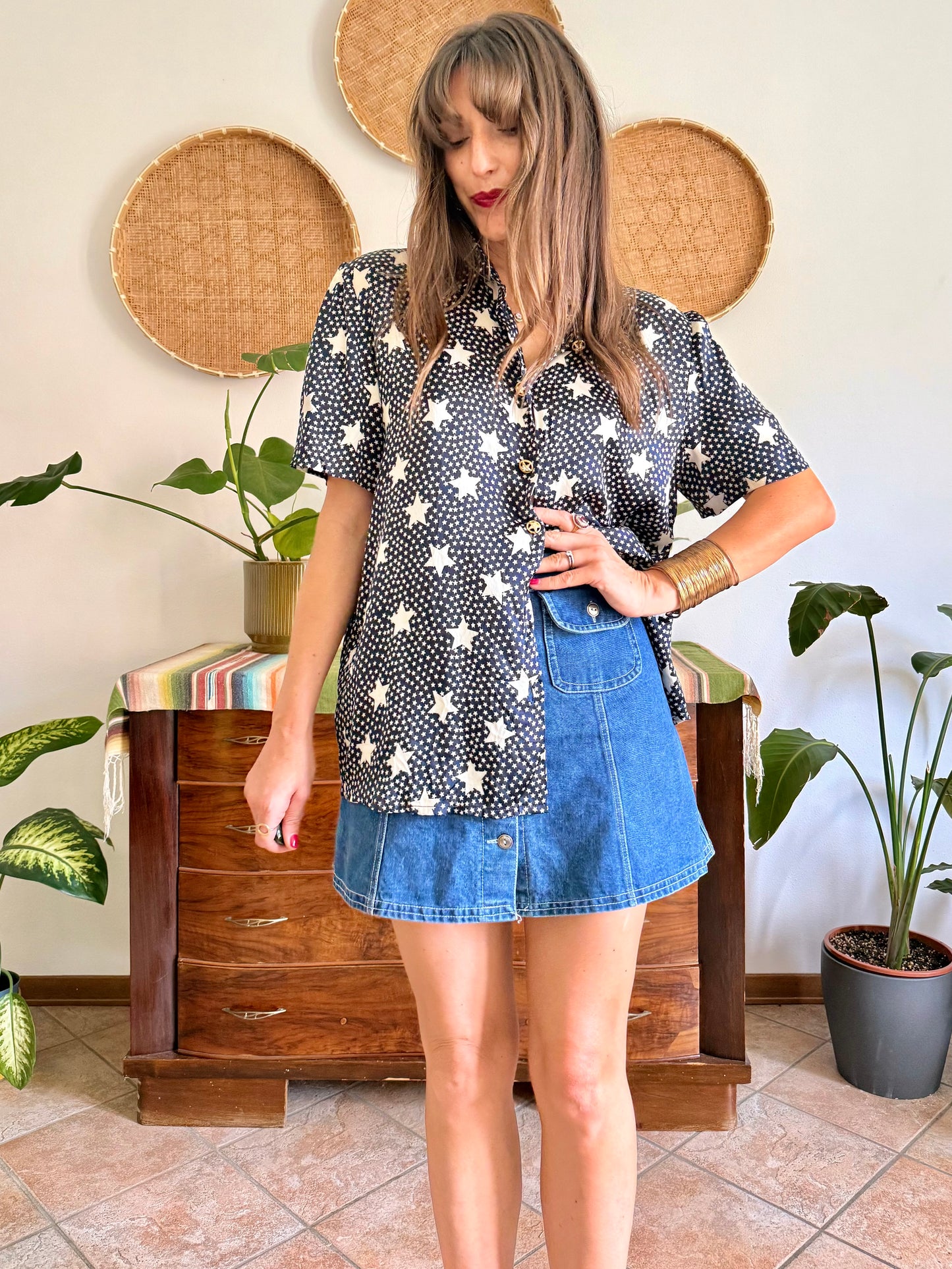 1970’s vintage navy blue silk blouse with star print and rhinestone star buttons