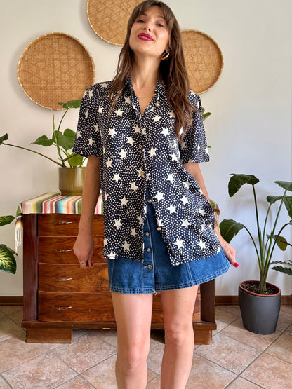 1970’s vintage navy blue silk blouse with star print and rhinestone star buttons