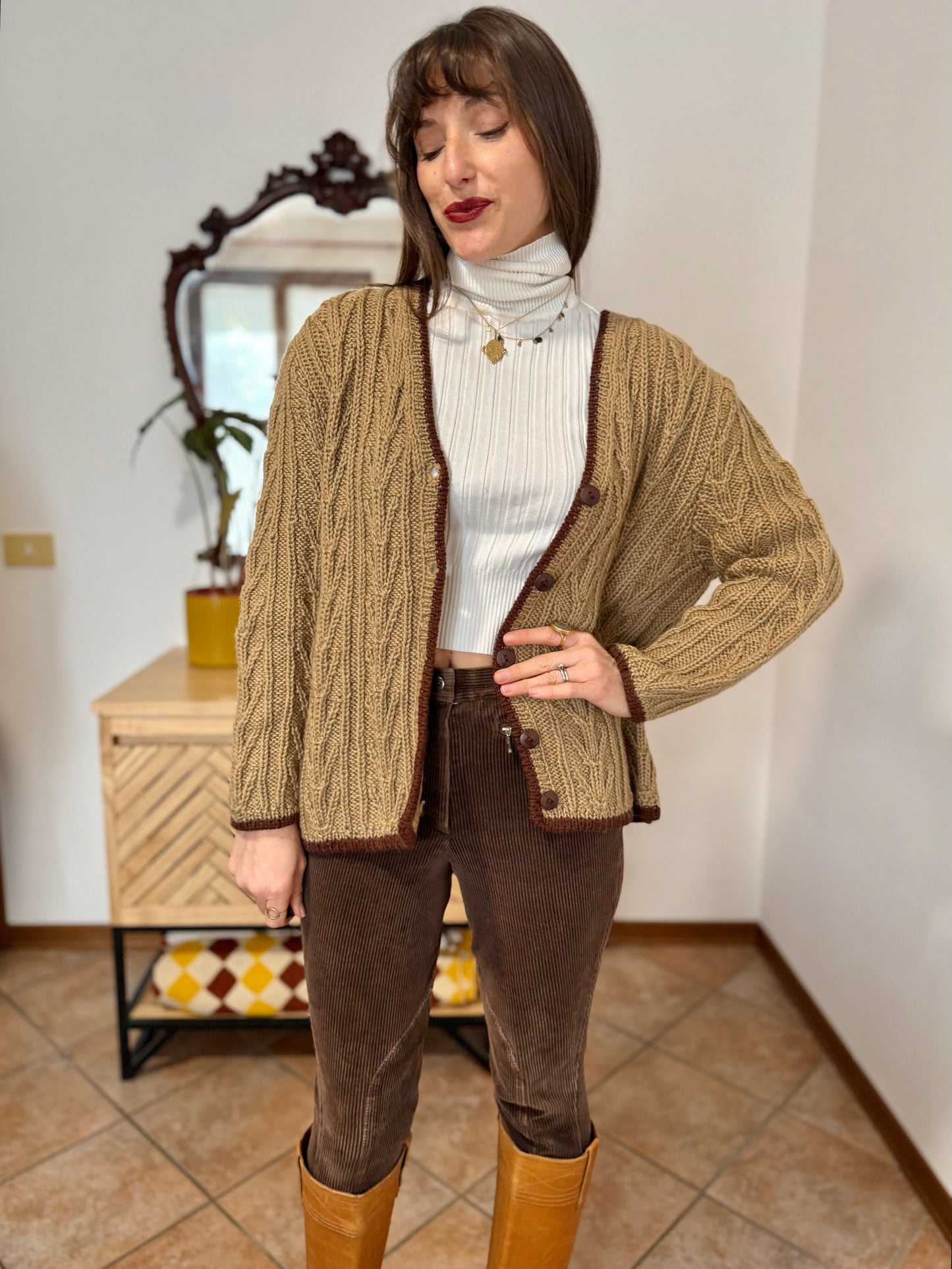 1970’s vintage tan hand knit wool cardigan with chocolate brown stitch trimming