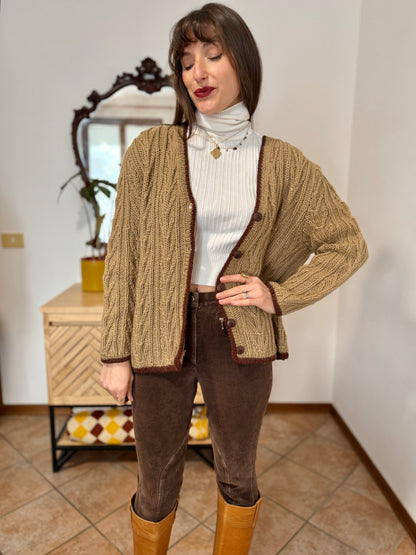 1970’s vintage tan hand knit wool cardigan with chocolate brown stitch trimming