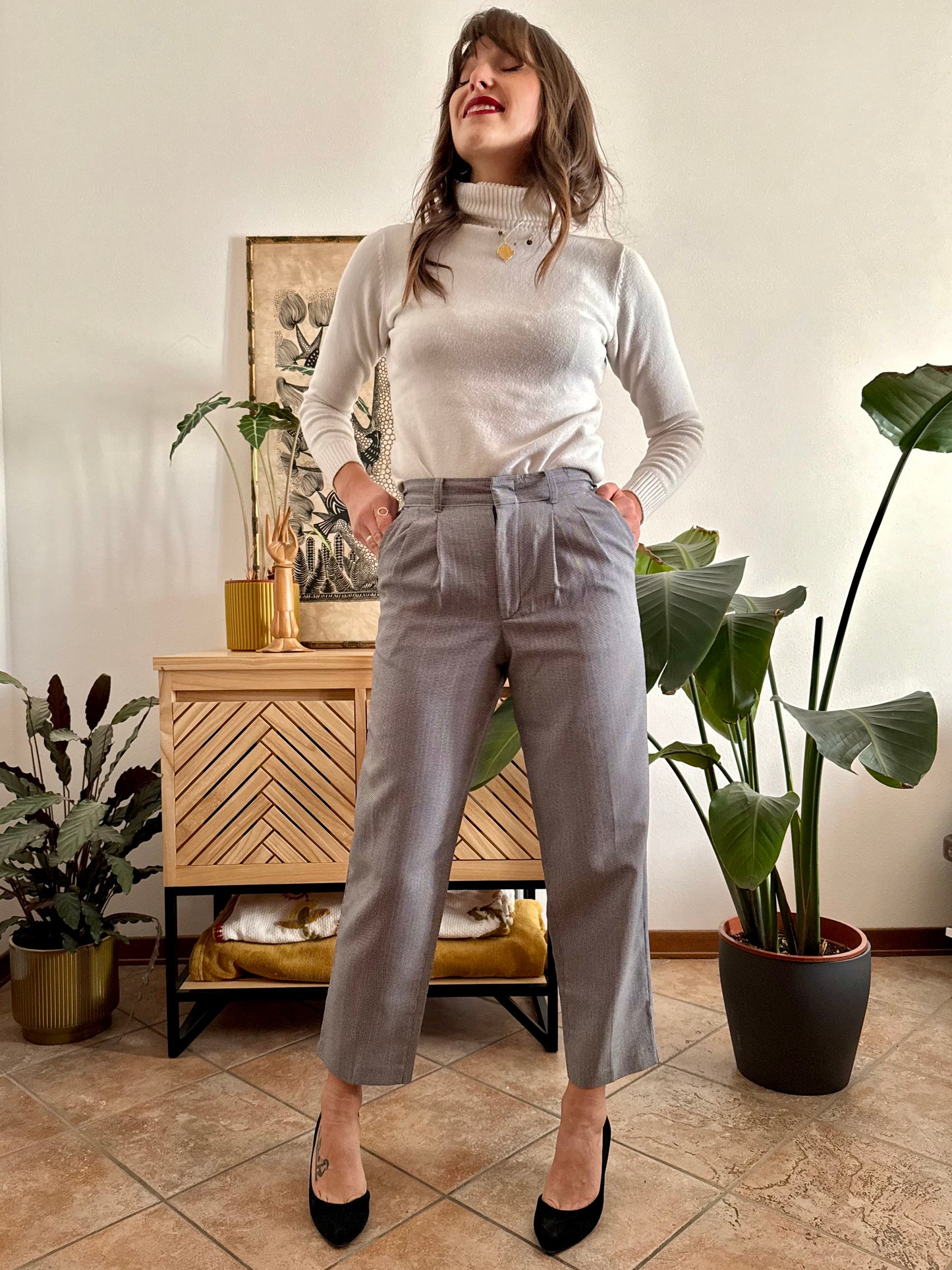 1970's vintage tailored micro houndstooth pattern trousers