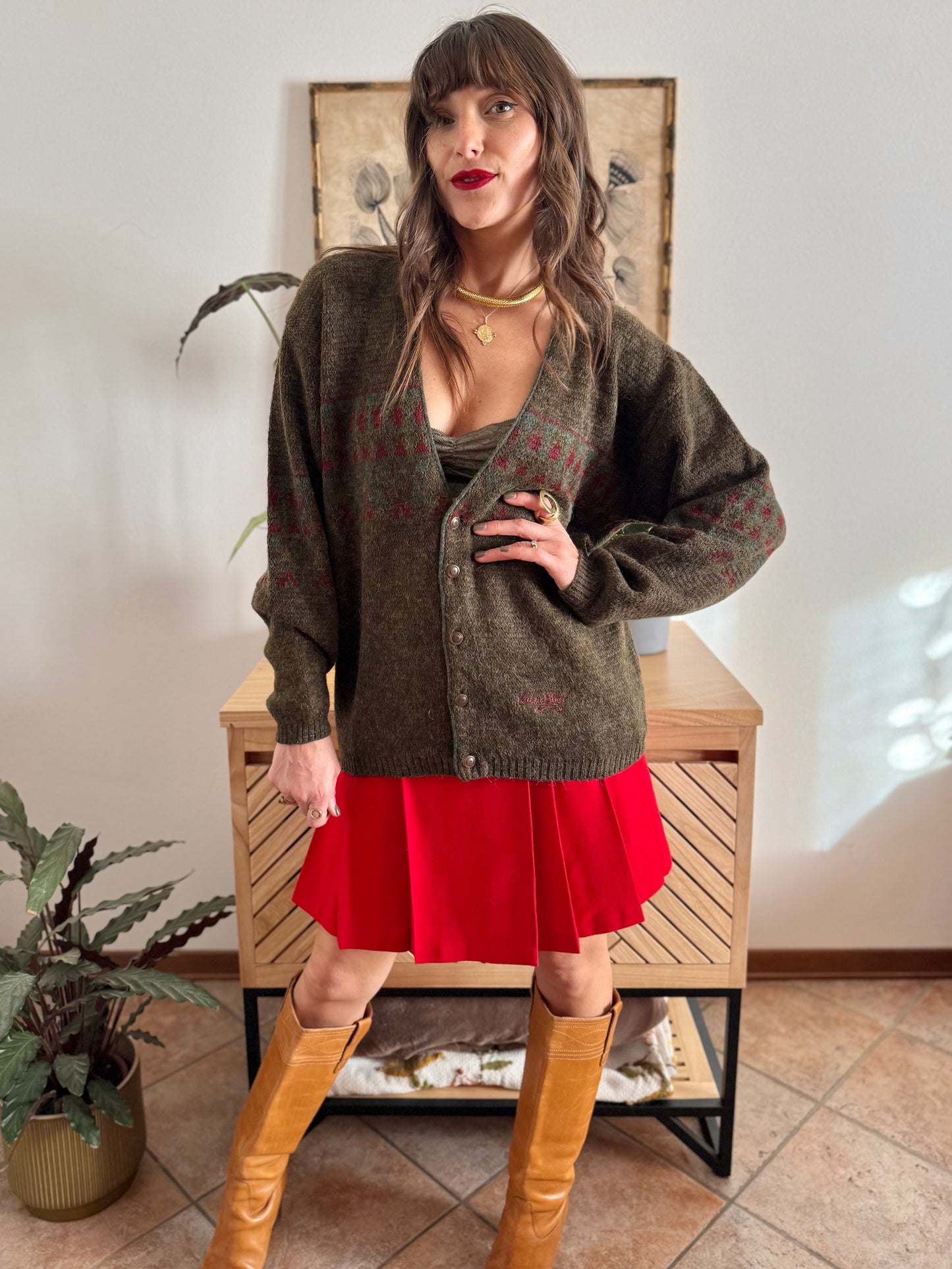 1990’s vintage green, red and khaki geometric knit wool and alpaca blend cardigan