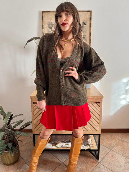 1990’s vintage green, red and khaki geometric knit wool and alpaca blend cardigan