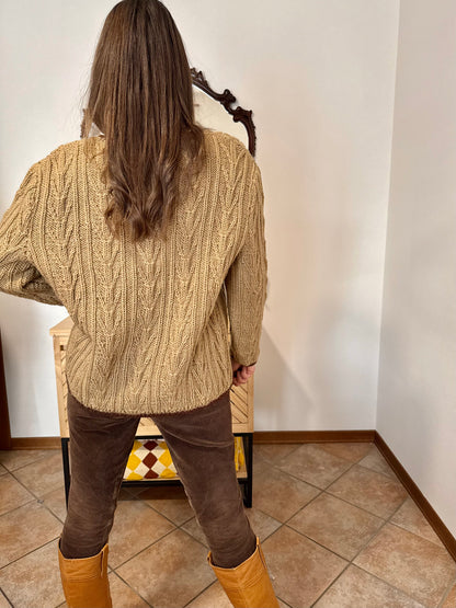 1970’s vintage tan hand knit wool cardigan with chocolate brown stitch trimming