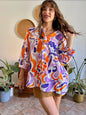 1970's vintage purple, orange and cream abstract print tie neck blouse