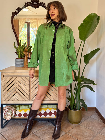 1970’s vintage oversize green and brown iridescent silk blouse