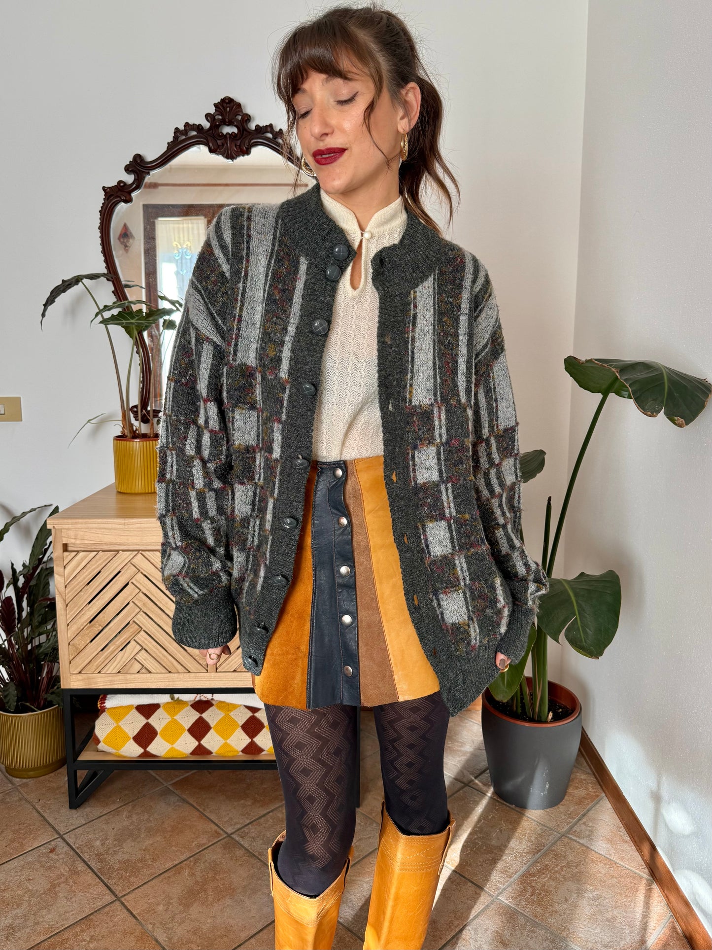 1970’s vintage grey cardigan with burgundy and yellow knit geometric pattern