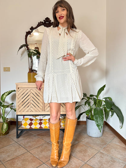 1990’s vintage cream pleated mini dress with black polkadots and bow tie neck
