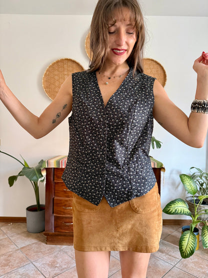 1970’s vintage black cotton vest with white floral print