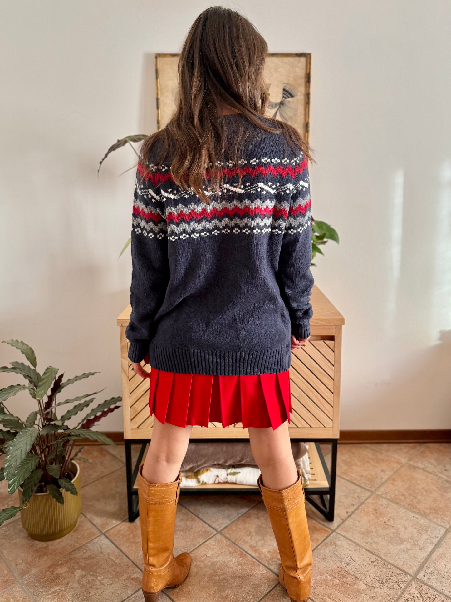 1990’s vintage navy blue knit pullover with red and cream geometric pattern