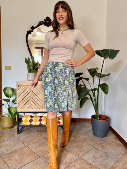 1970’s vintage turquoise, lilac and green geometric print silk midi skirt