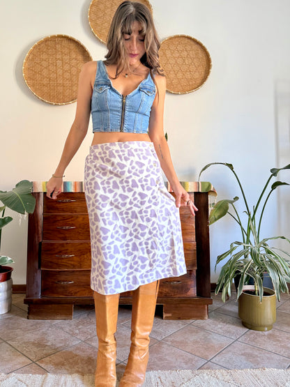 1970's vintage lilac and cream raw silk animal printed midi skirt