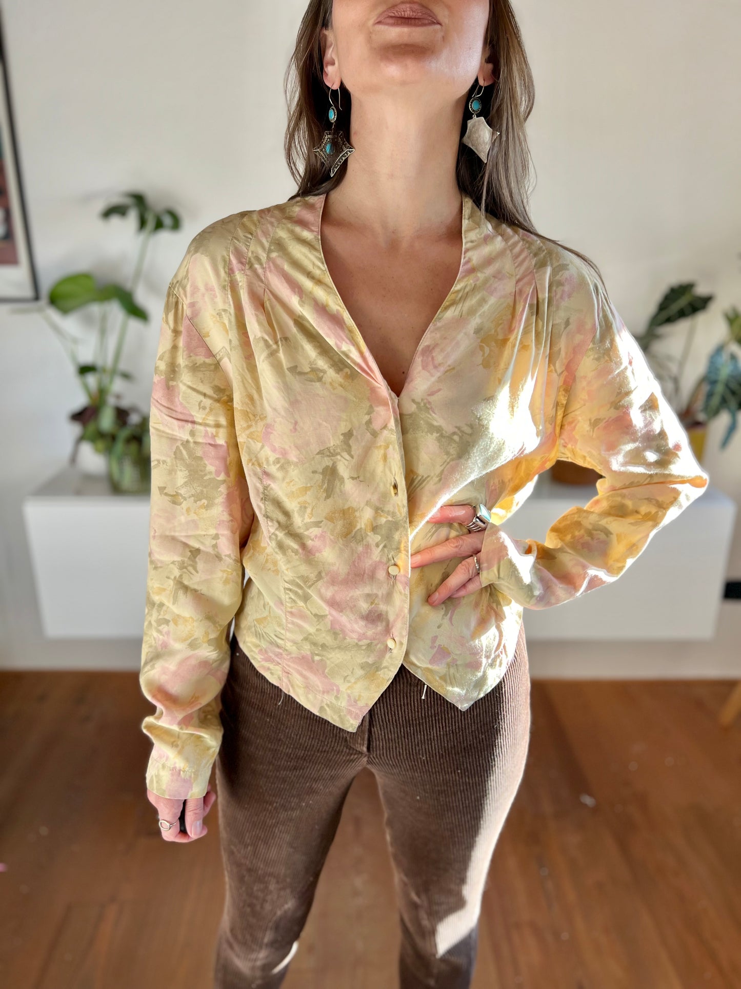 1970's vintage pink and green watercolour effect floral blouse