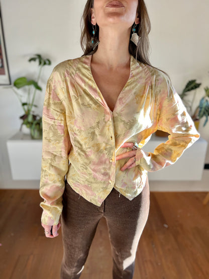 1970's vintage pink and green watercolour effect floral blouse