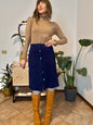 1960's blue knit wool midi skirt with light blue button details