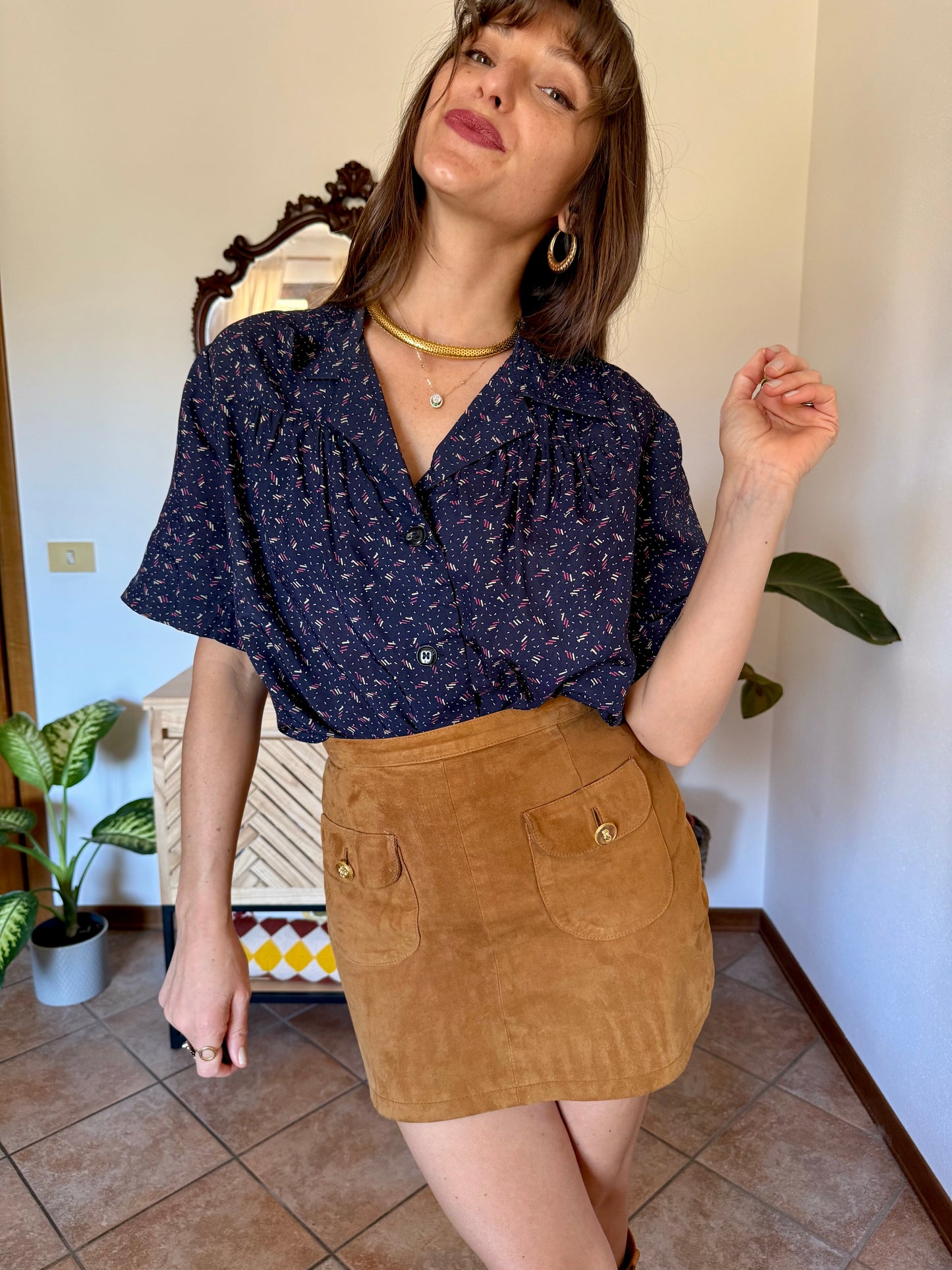 1970's vintage navy blue silk blouse with pink and tan abstract line print