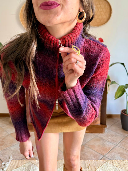 1990’s vintage purple and fucsia double zip mock neck wool cardigan