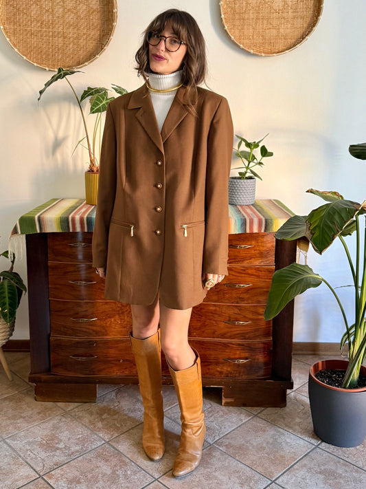 1970's vintage chocolate brown oversize wool jacket with gold metal details