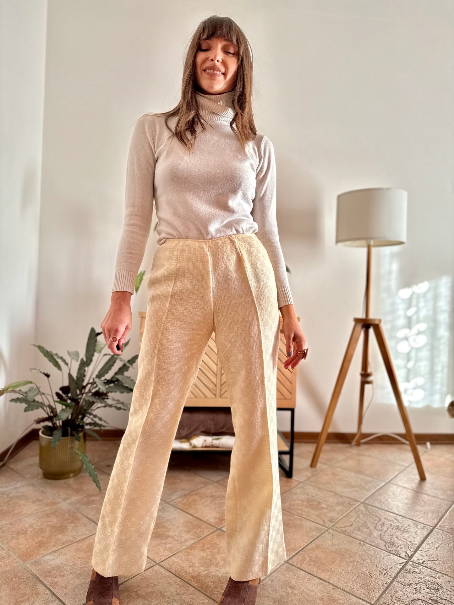 1970's vintage cream checkered weave tweed wool trousers
