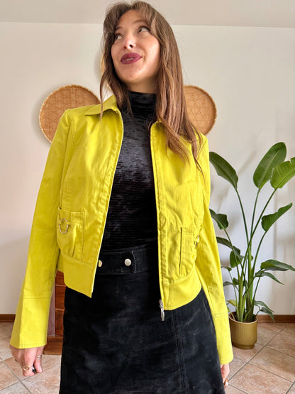 Y2K vintage chartreuse jacket with silver metal details