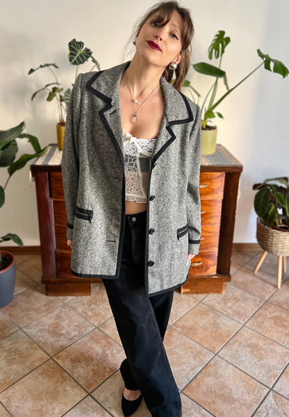 1990's vintage grey tweed oversize blazer with black trim