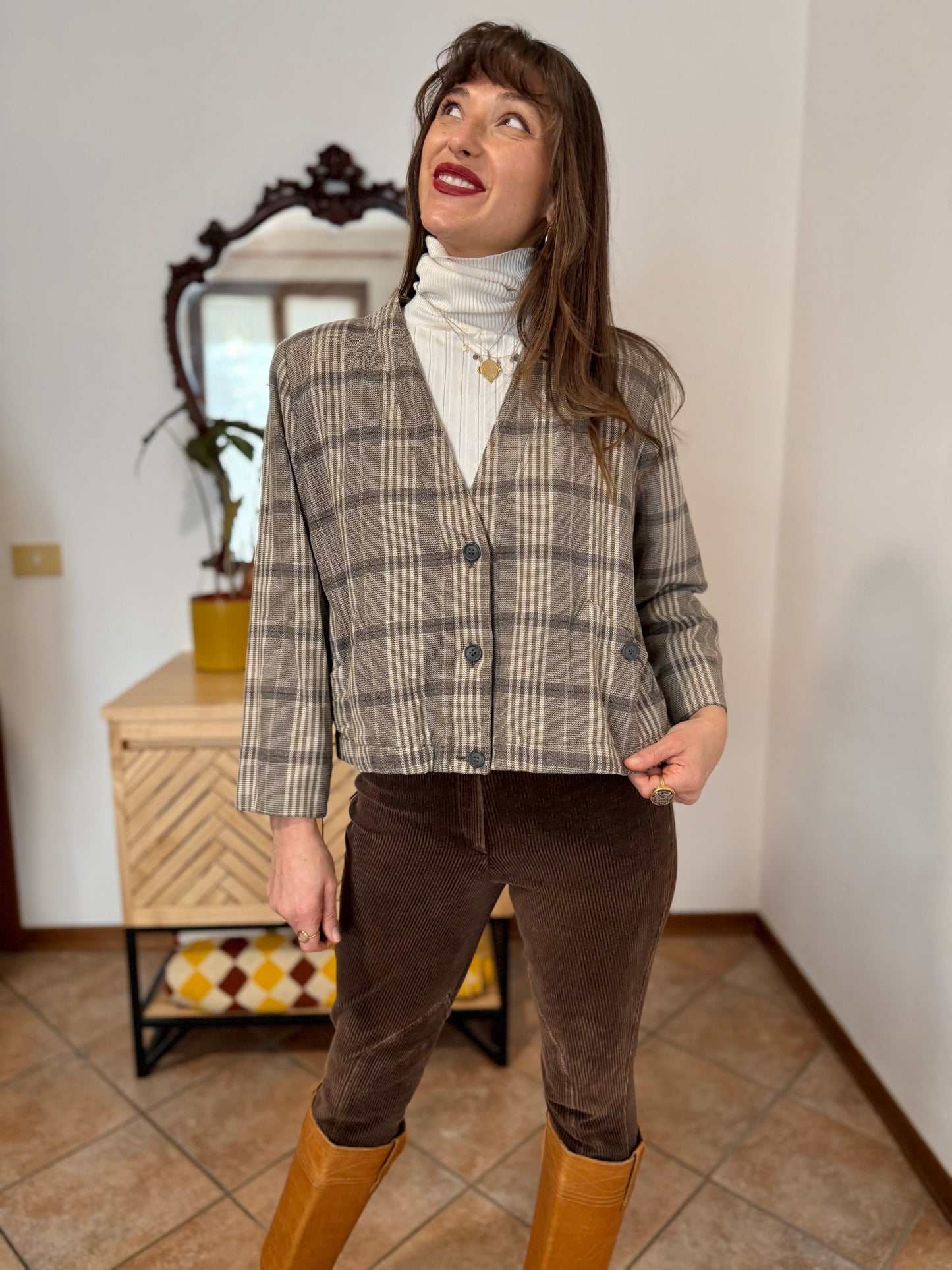 1970's vintage brown and cream plaid cropped blazer