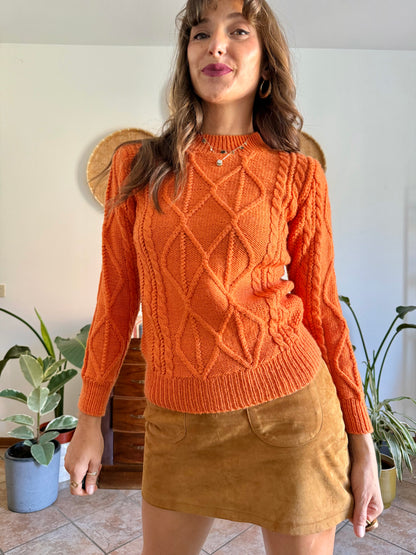 1970's vintage orange wool mock neck cable knit pullover