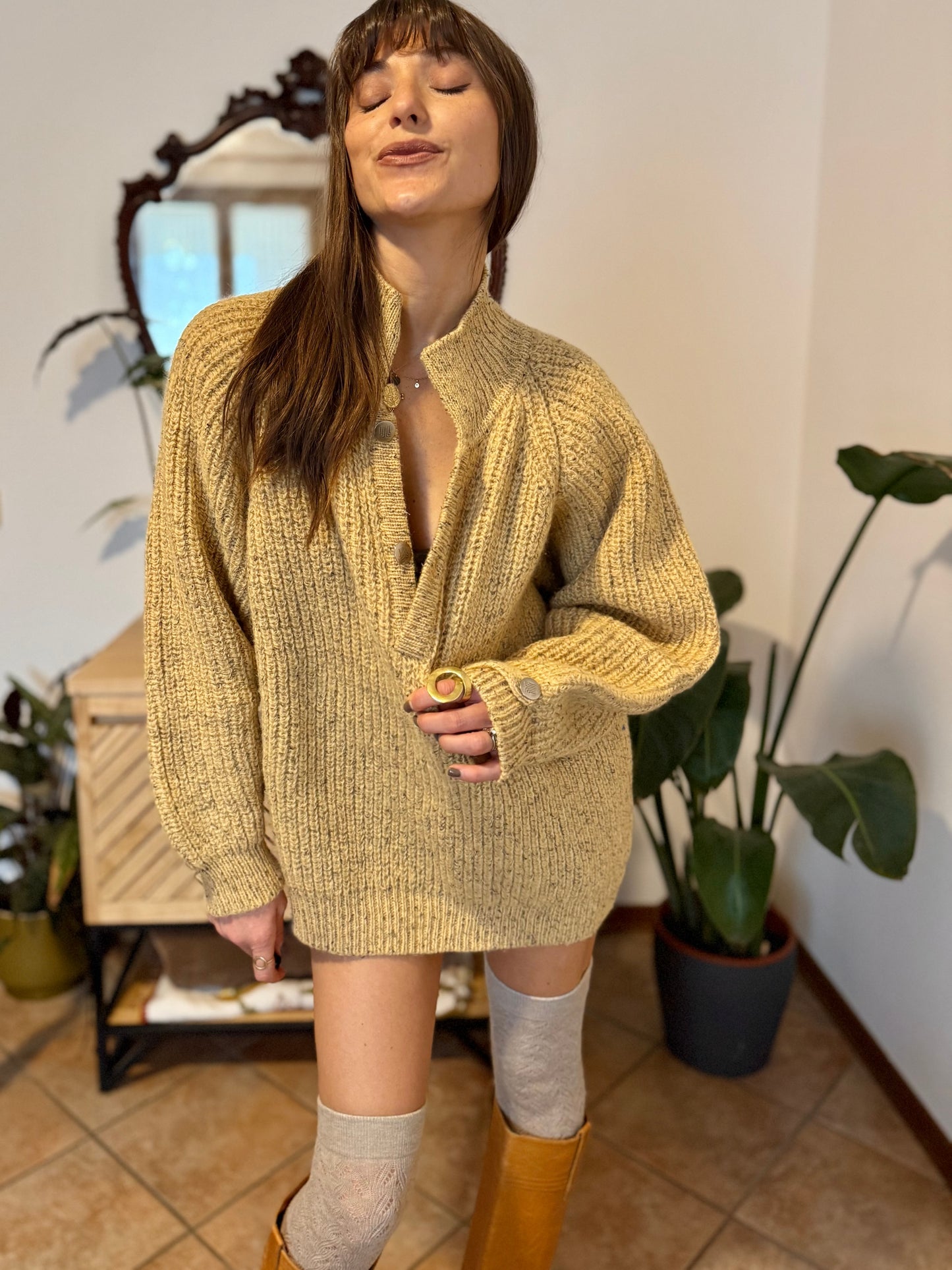 1970's vintage yellow thick knit wool pullover with grey flecks throughout