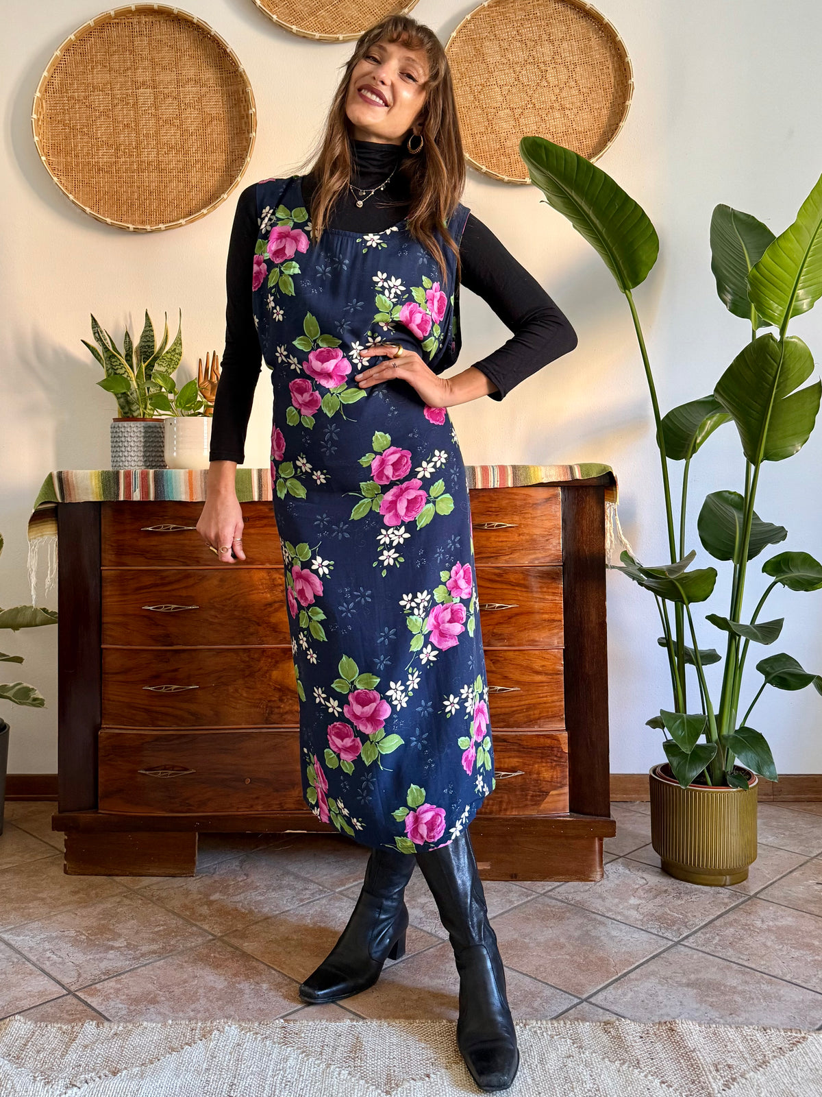 1990’s vintage navy blue and pink floral maxi dress