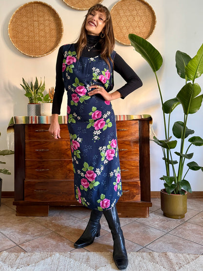 1990’s vintage navy blue and pink floral maxi dress