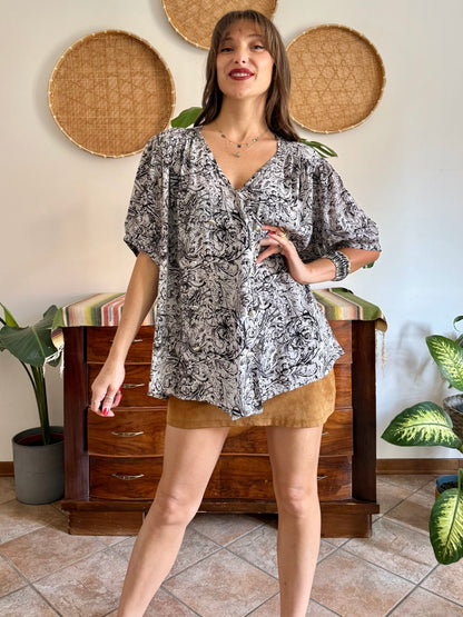 1970’s vintage black and light grey oversize paisley blouse