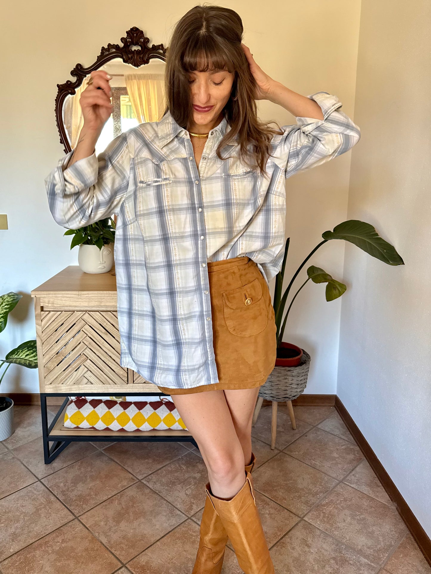 1990's vintage light blue, cream and beige western pearl snap shirt