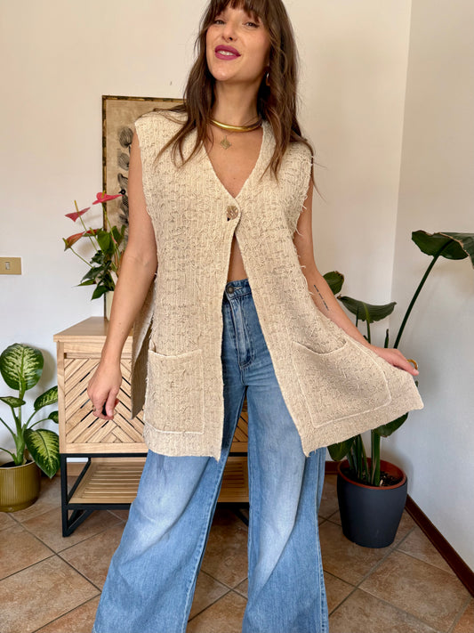 1970’s vintage cream knit fringe texture oversize vest