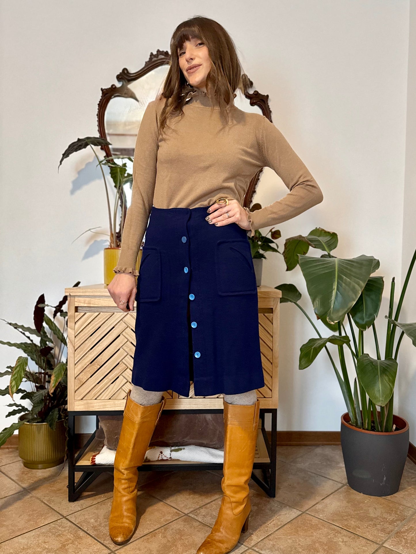 1960's blue knit wool midi skirt with light blue button details