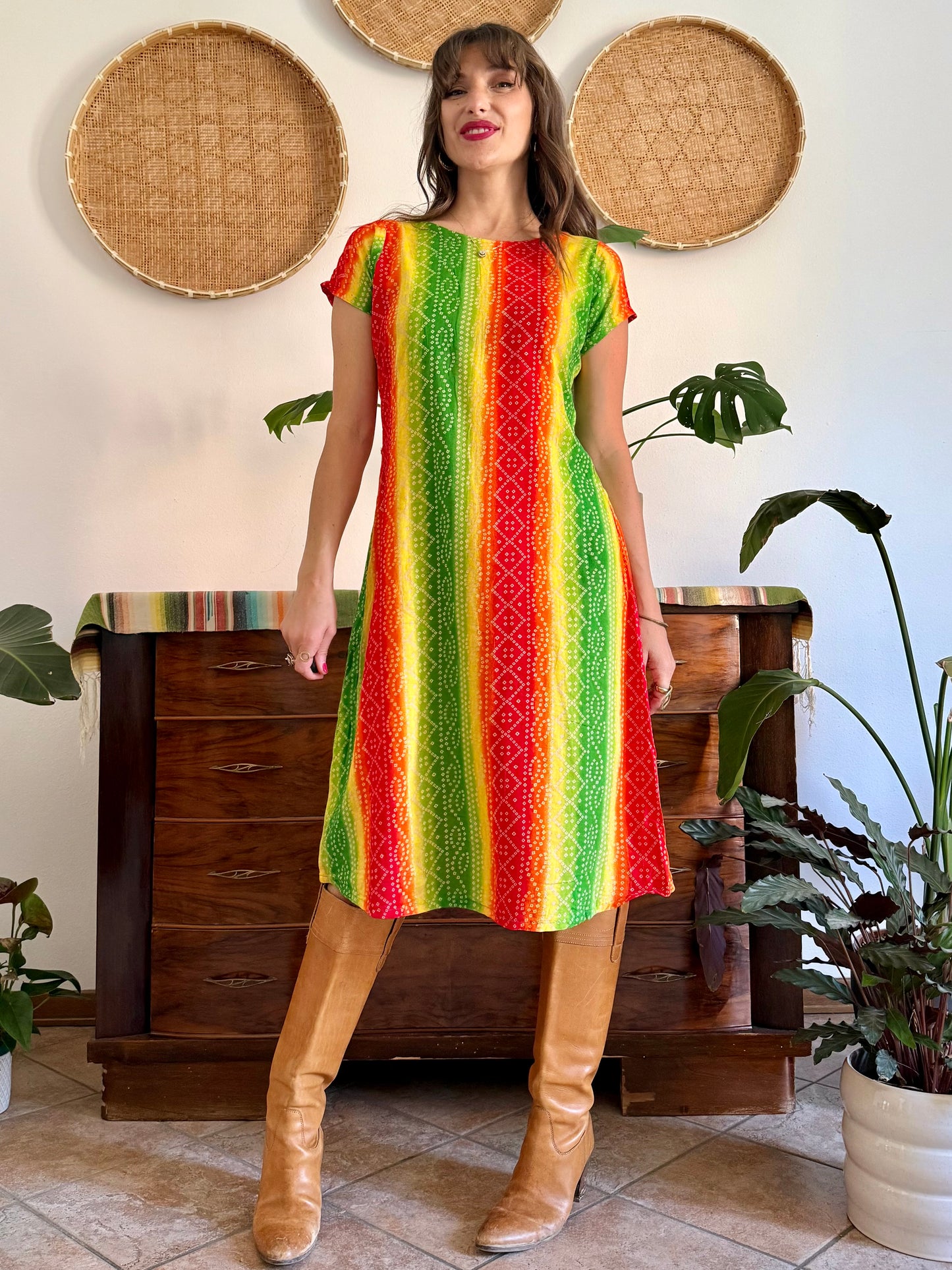 1970’s vintage multicolour tie die effect midi dress