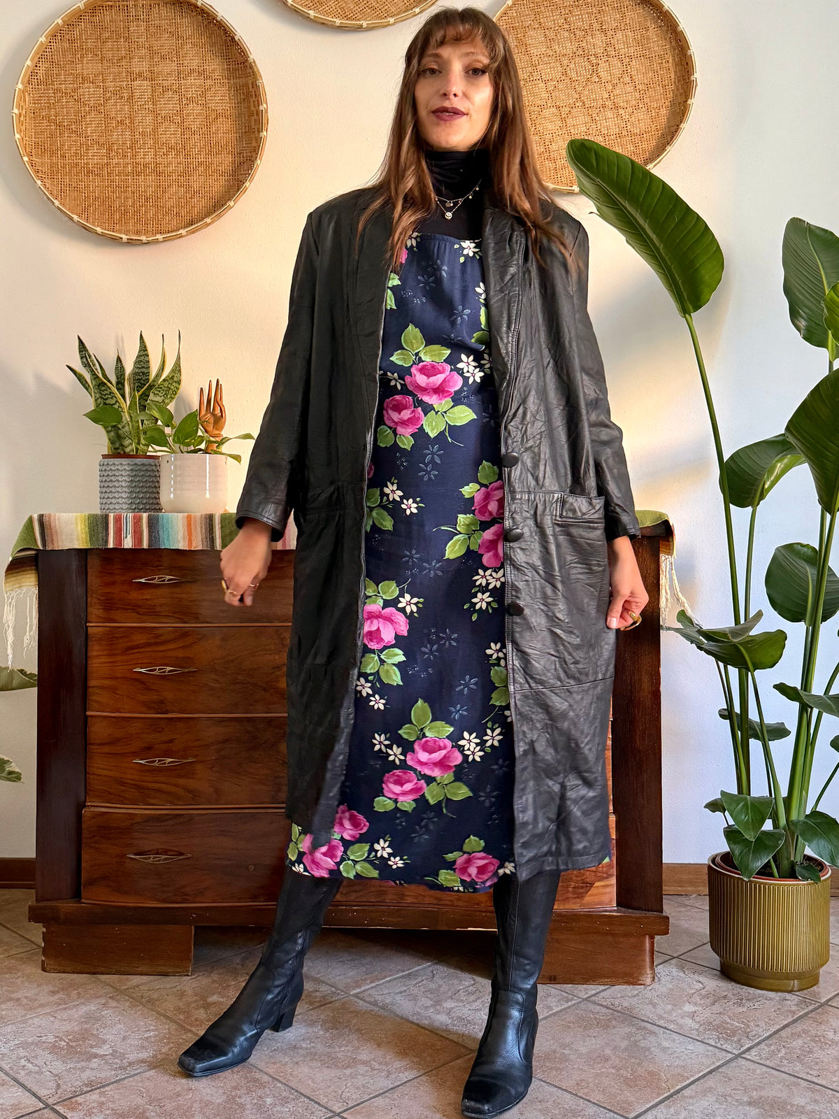 1990’s vintage butter soft black leather trench coat with lapel detail