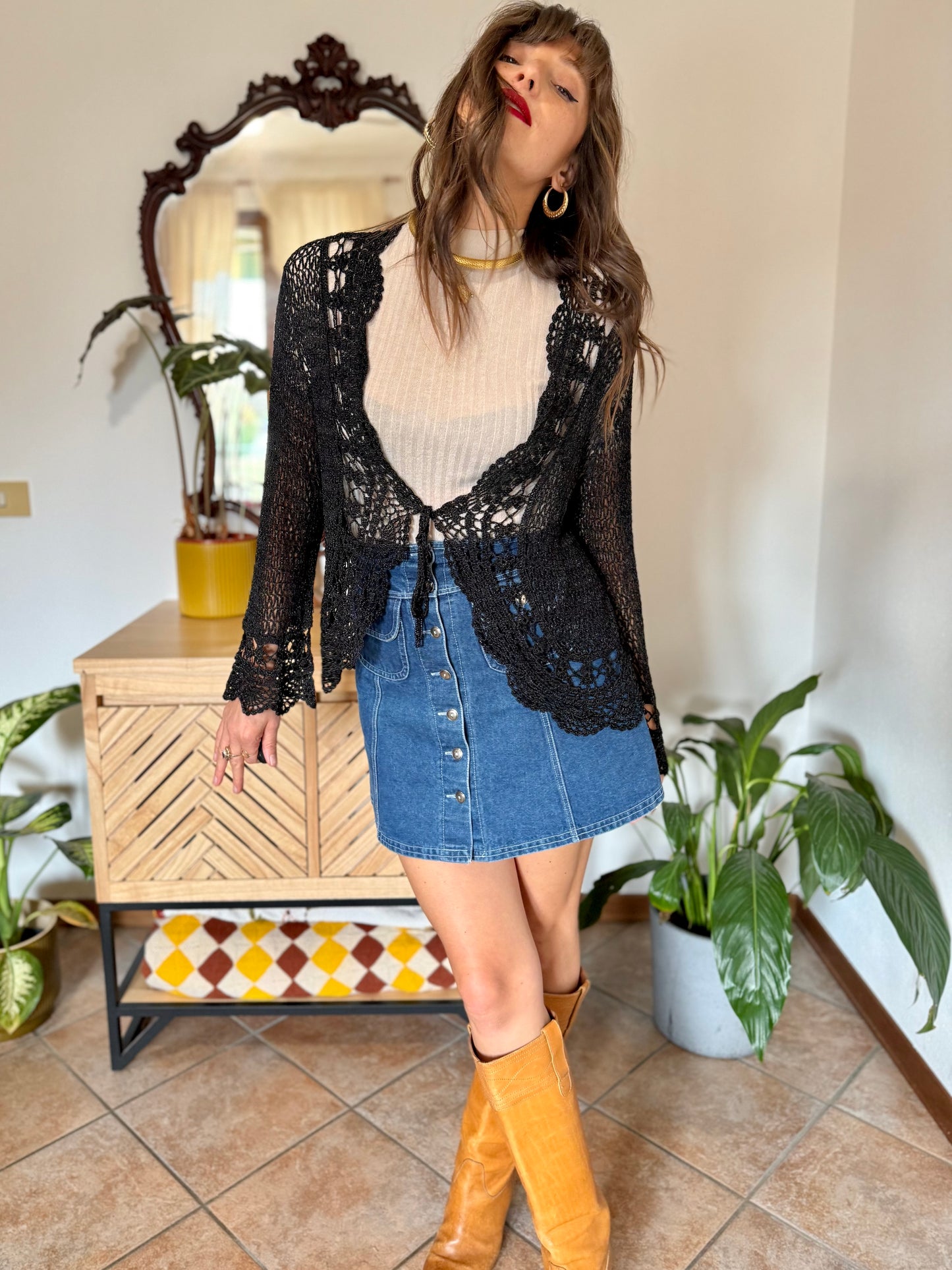 Y2k vintage black bell sleeve crocheted cardigan with silver thread accents