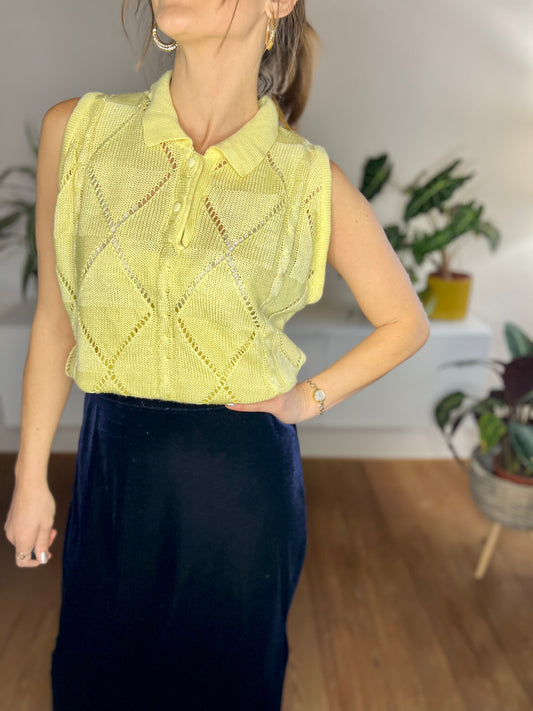 1970's vintage butter yellow knit collared top