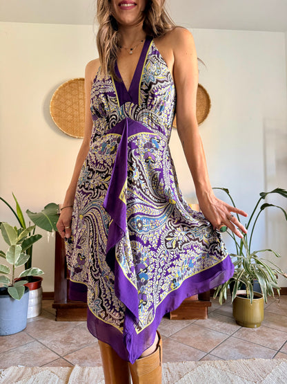 Y2k vintage purple and yellow floral silk halter top midi dress
