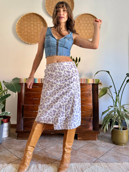 1970's vintage lilac and cream raw silk animal printed midi skirt