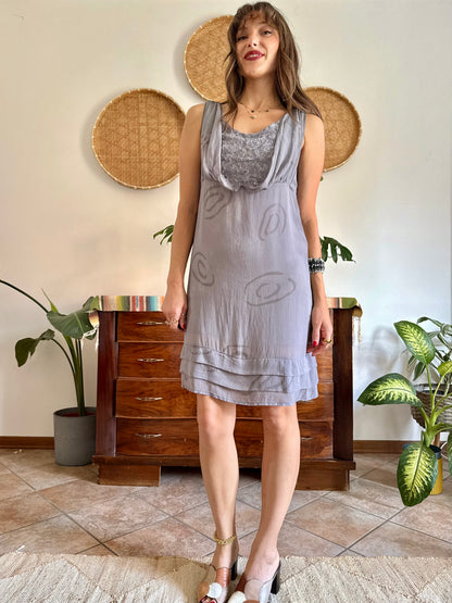 1990’s vintage grey silk mini slip dress with geometric pattern and silver textured details