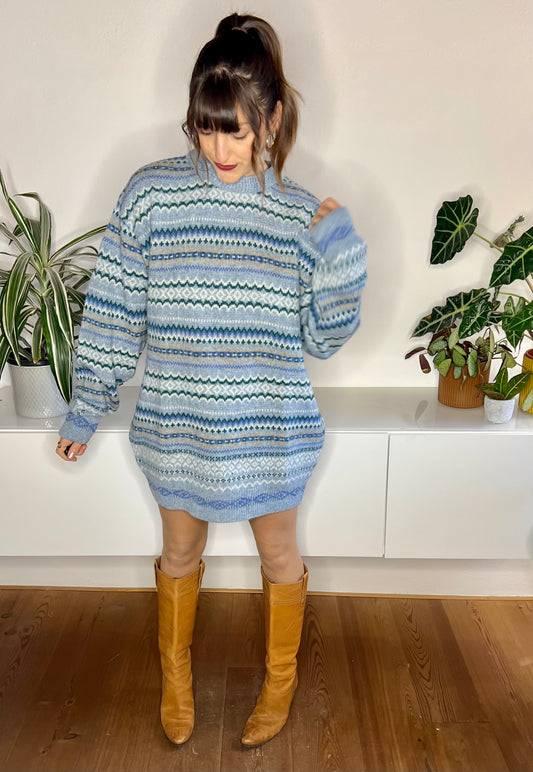 1970's vintage turquoise and blue stripe knit wool sweater dress