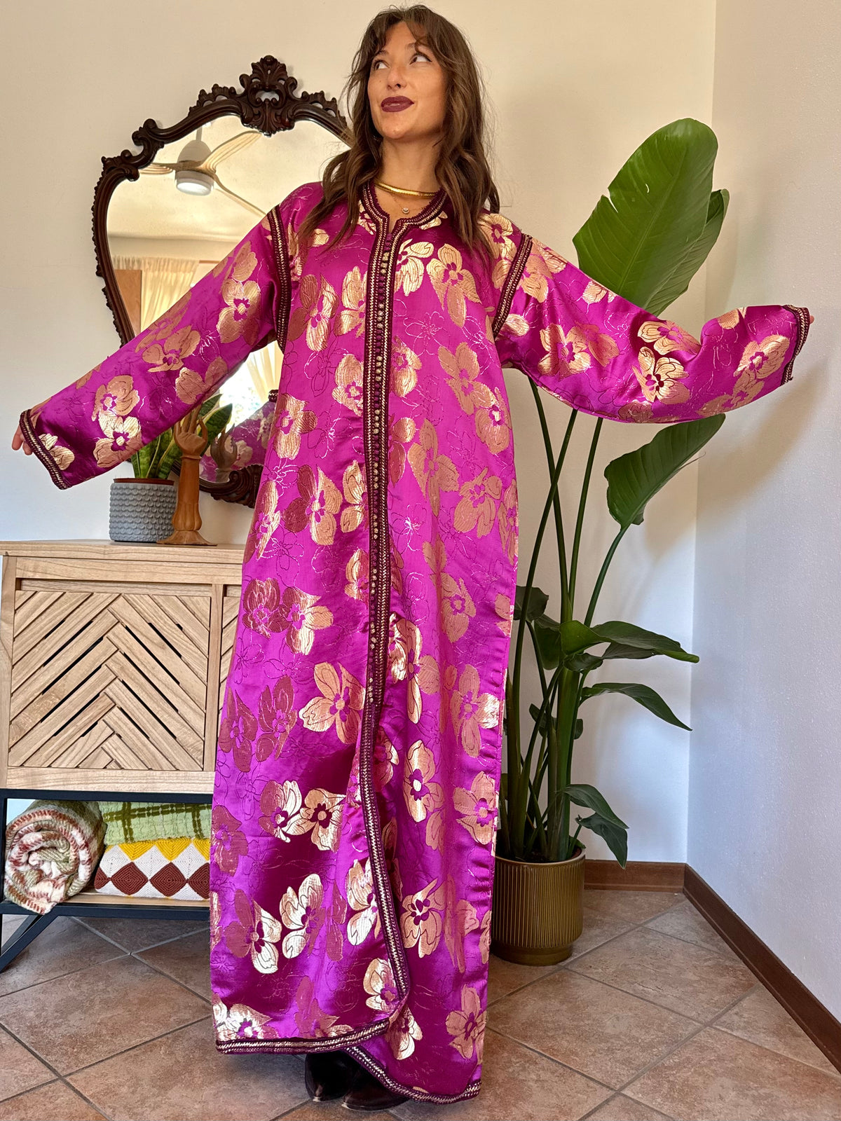 1970’s vintage fuchsia and gold floral weave brocade satin maxi dress