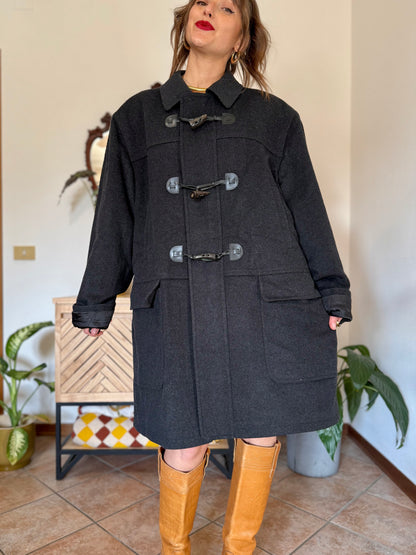 1970’s vintage charcoal grey cashmere and wool coat with toggle details